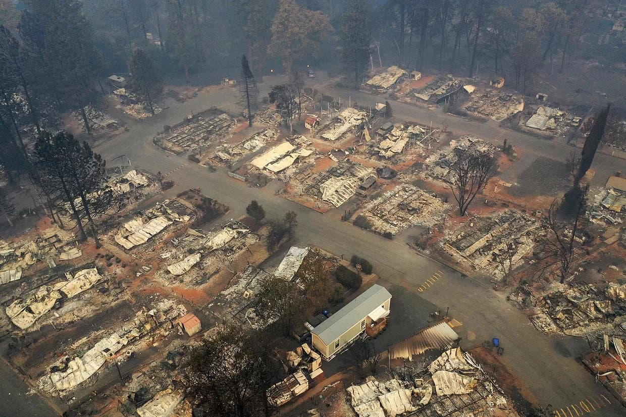 Burned buildings after the Camp Fire